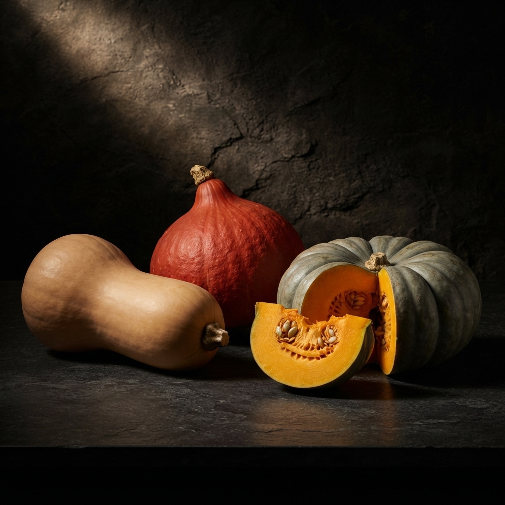 High-impact editorial photography of premium squashes on a rustic farm table.